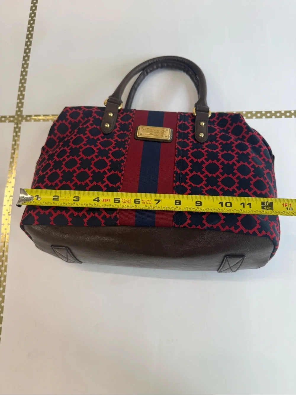Tommy Hilfiger Nylon Satchel | Red Navy Monogram | Brown Trim